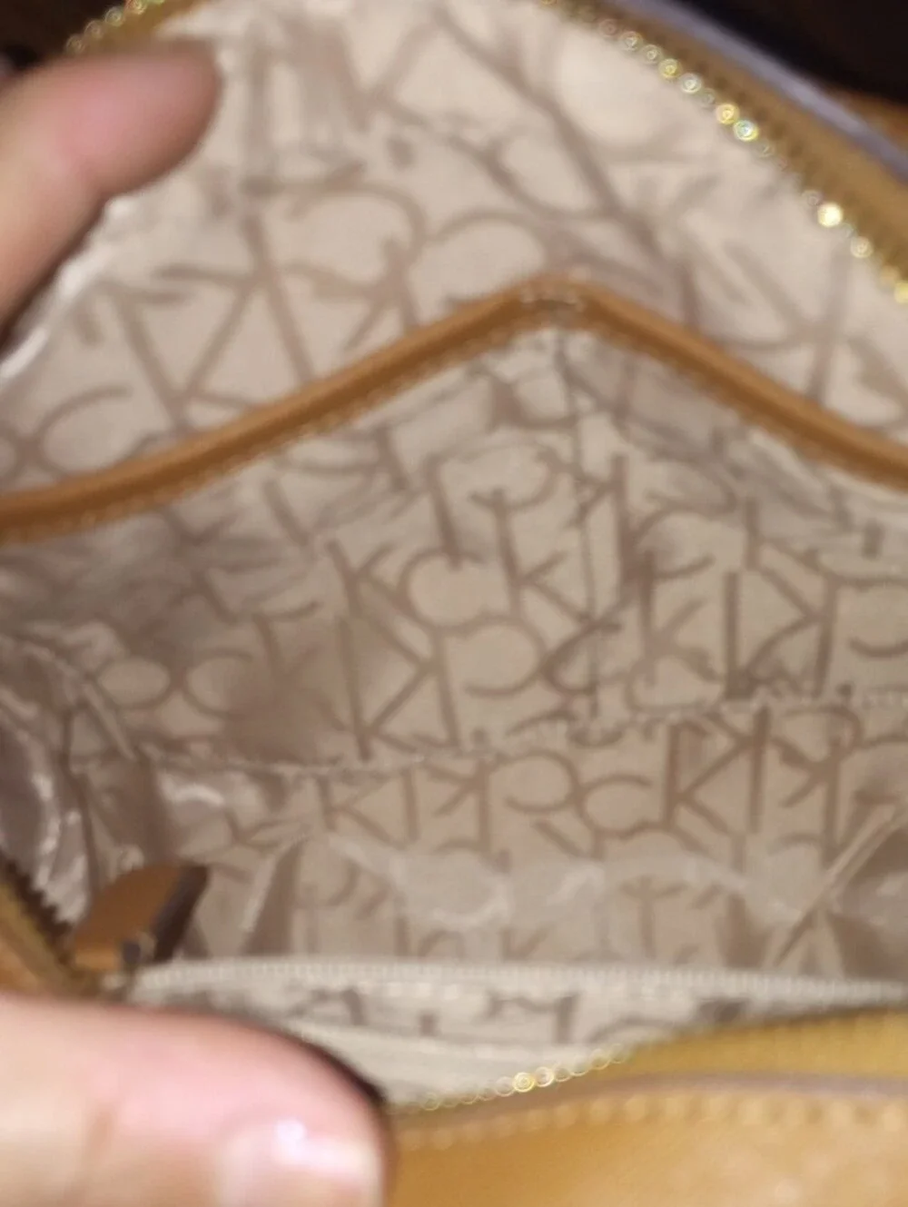 Calvin Klein Brown Monogram Satchel with Tan Trim and Gold Chain